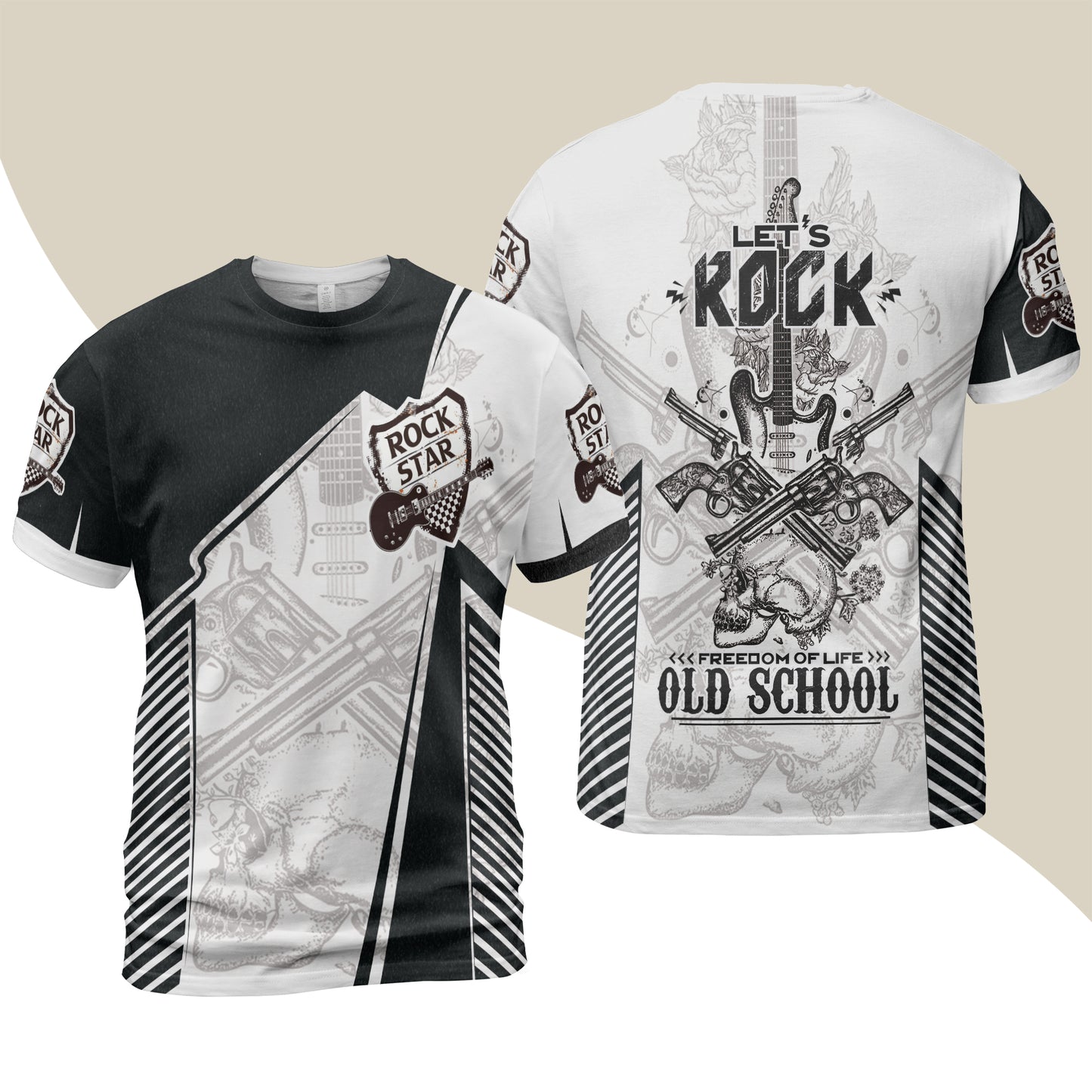 Black And White Guitar Men T-Shirt, Let's Rock Freedom Of Life Old School Guitar T-Shirt
