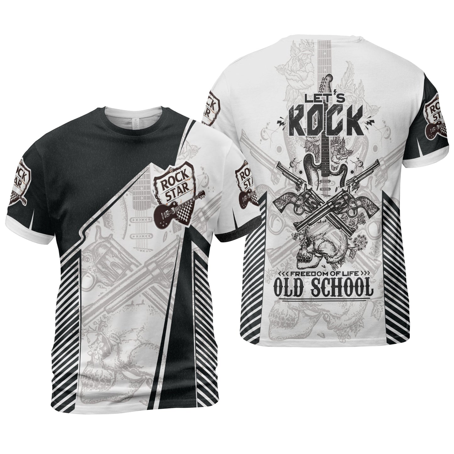 Black And White Guitar Long Sleeve Shirt, Let's Rock Freedom Of Life Old School Guitar Long Sleeve Shirt