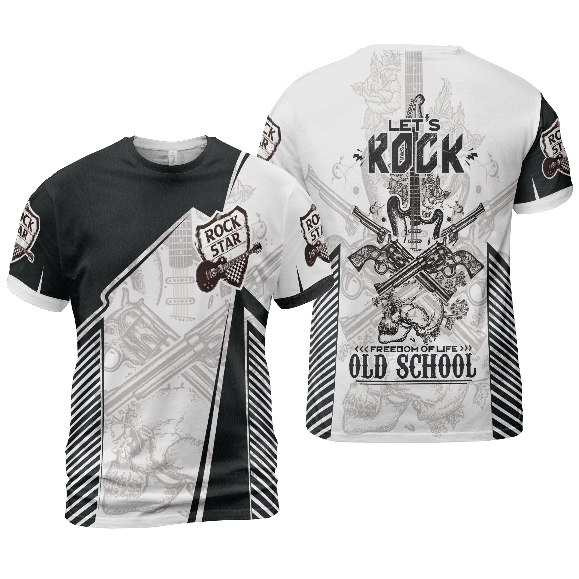 Black And White Guitar Men T-Shirt, Let's Rock Freedom Of Life Old School Guitar T-Shirt