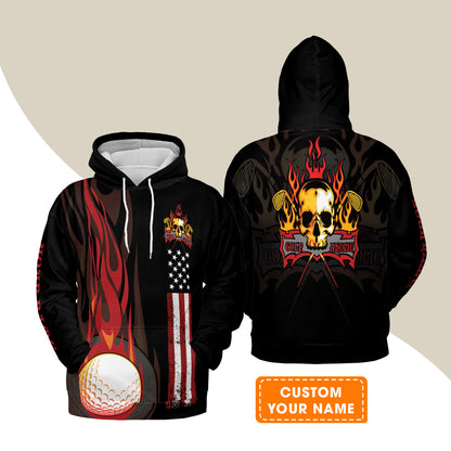 Golf Men Polo Shirt - Flame Skull Golf Ball American Flag Custom Name Polo Shirt - Personalized Gift For Golf Lover, Men, Patriotic