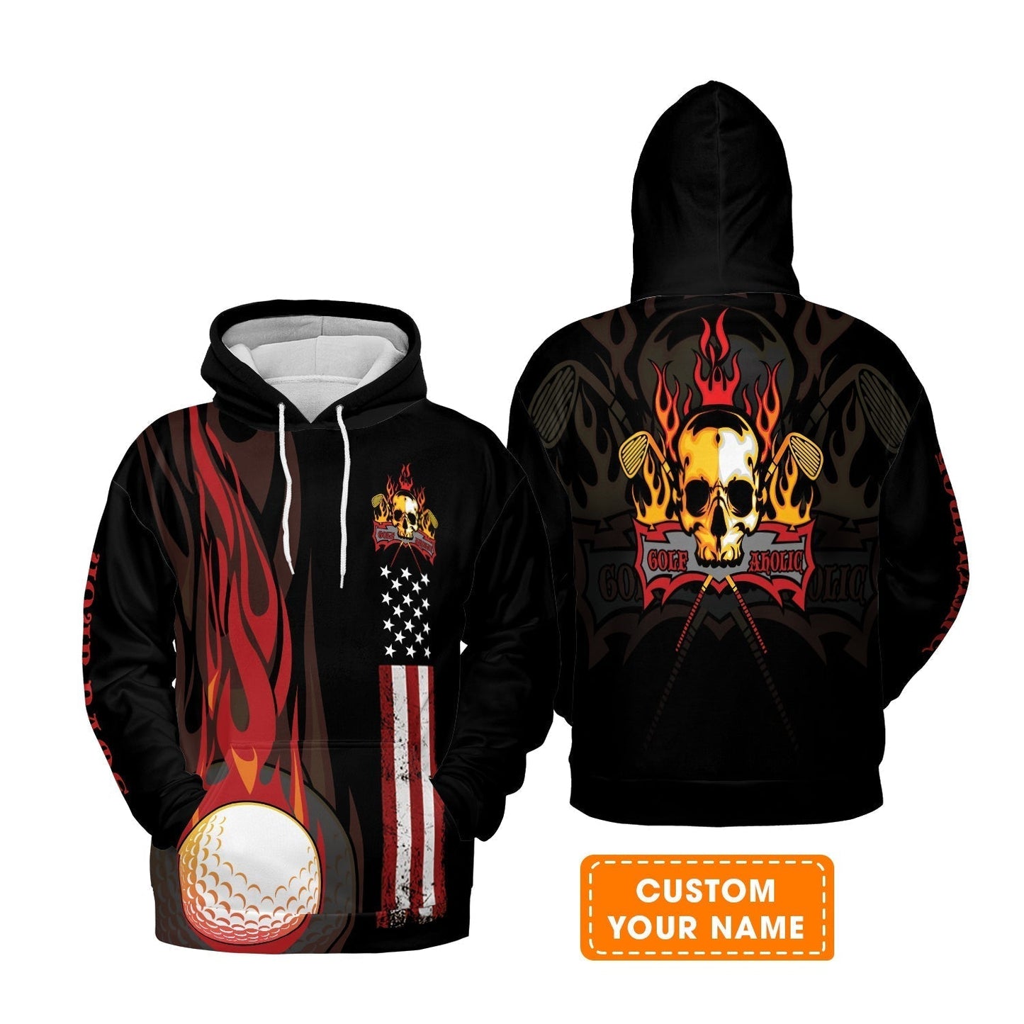 Golf T-Shirt - Flame Skull Golf Ball American Flag Custom Name T-Shirt - Personalized Gift For Golf Lover, Men, Patriotic