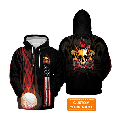 Golf Men's Long Sleeve Polo Shirt - Flame Skull Golf Ball American Flag Custom Name Long Sleeve Polo Shirt - Personalized Gift For Golf Lover, Men, Patriotic
