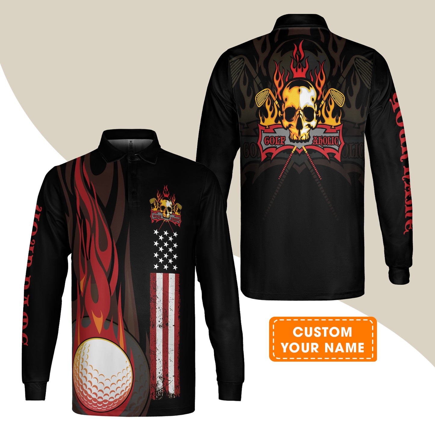 Golf Men Polo Shirt - Flame Skull Golf Ball American Flag Custom Name Polo Shirt - Personalized Gift For Golf Lover, Men, Patriotic