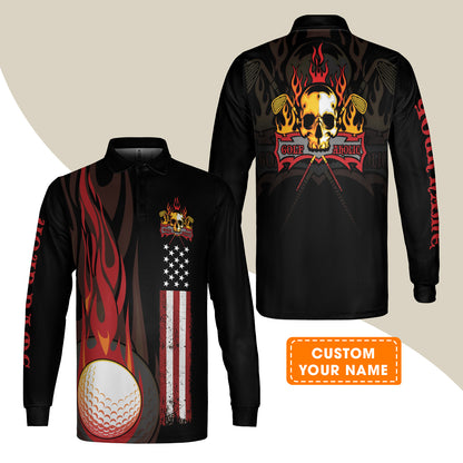 Golf Men Polo Shirt - Flame Skull Golf Ball American Flag Custom Name Polo Shirt - Personalized Gift For Golf Lover, Men, Patriotic