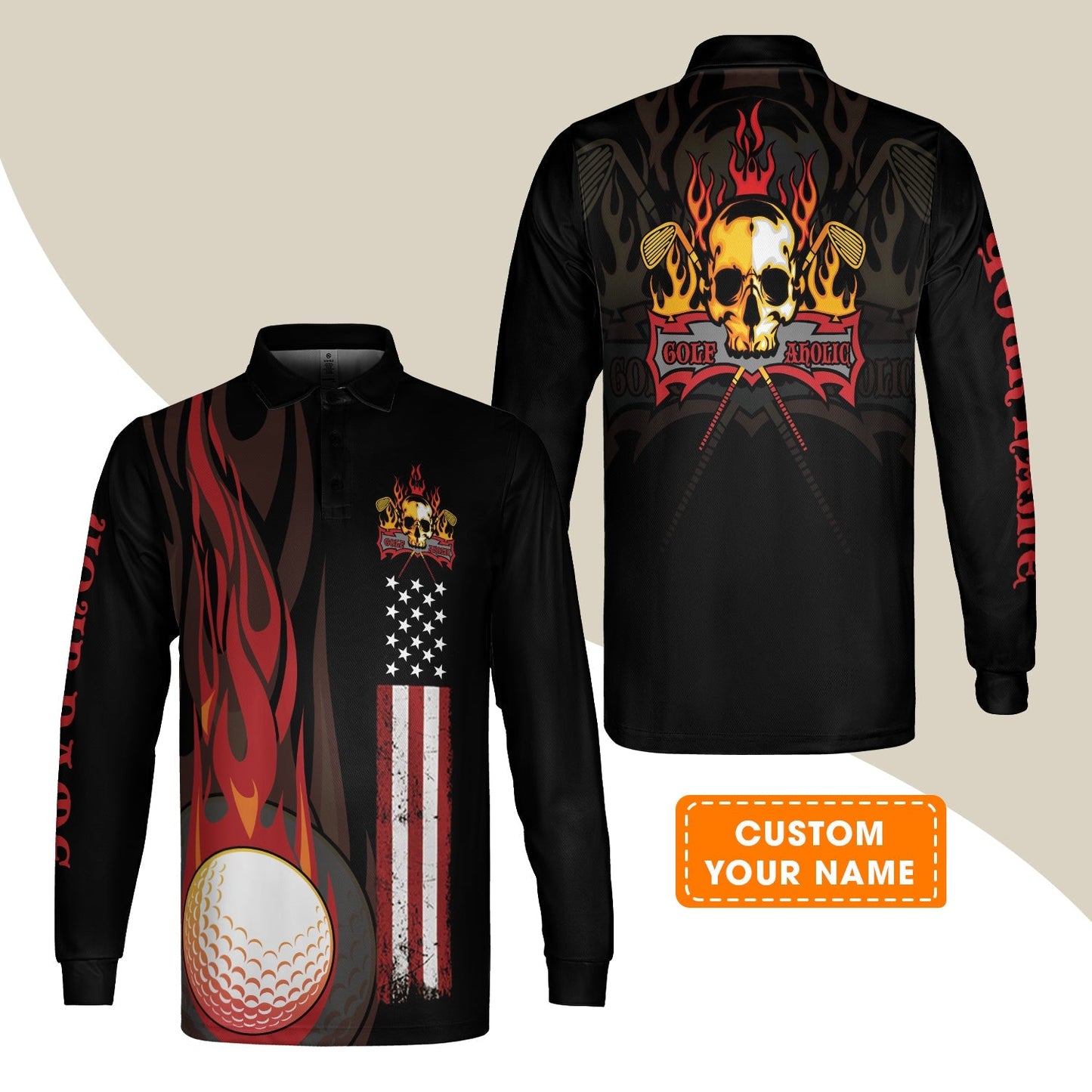 Golf Hoodie - Flame Skull Golf Ball American Flag Custom Name Hoodie - Personalized Gift For Golf Lover, Men, Patriotic