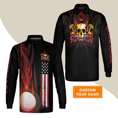Golf Hoodie - Flame Skull Golf Ball American Flag Custom Name Hoodie - Personalized Gift For Golf Lover, Men, Patriotic