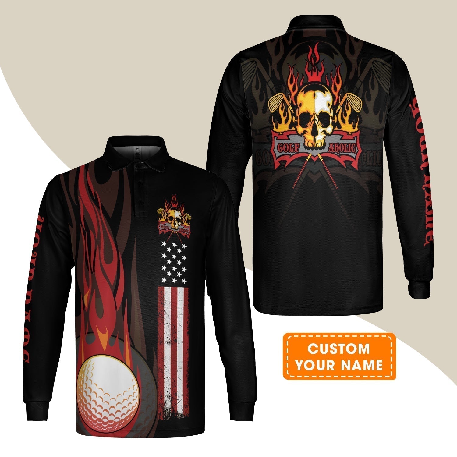 Golf Men's Long Sleeve Polo Shirt - Flame Skull Golf Ball American Flag Custom Name Long Sleeve Polo Shirt - Personalized Gift For Golf Lover, Men, Patriotic