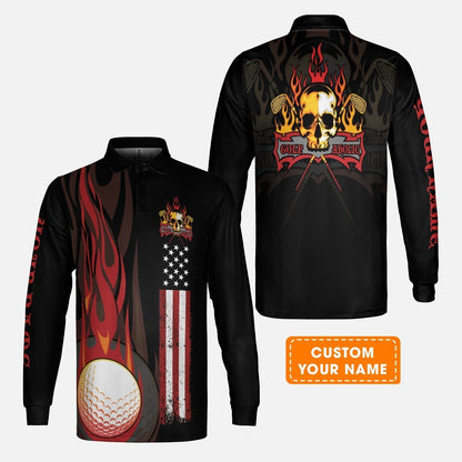 Golf Men's Long Sleeve Polo Shirt - Flame Skull Golf Ball American Flag Custom Name Long Sleeve Polo Shirt - Personalized Gift For Golf Lover, Men, Patriotic