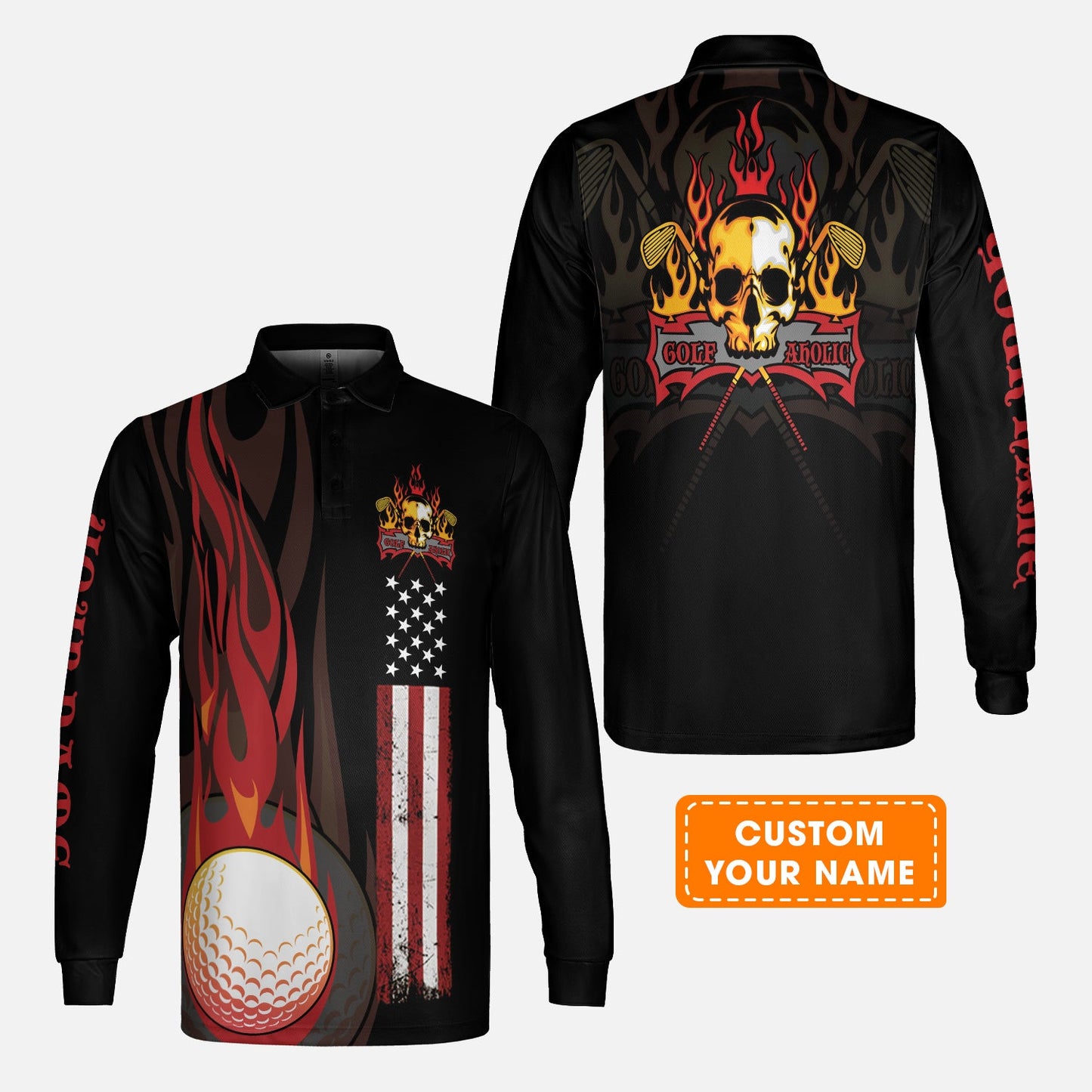 Golf Sweatshirt - Flame Skull Golf Ball American Flag Custom Name Sweatshirt - Personalized Gift For Golf Lover, Men, Patriotic