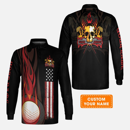 Golf Long Sleeve Shirt - Flame Skull Golf Ball American Flag Custom Name Long Sleeve Shirt - Personalized Gift For Golf Lover, Men, Patriotic