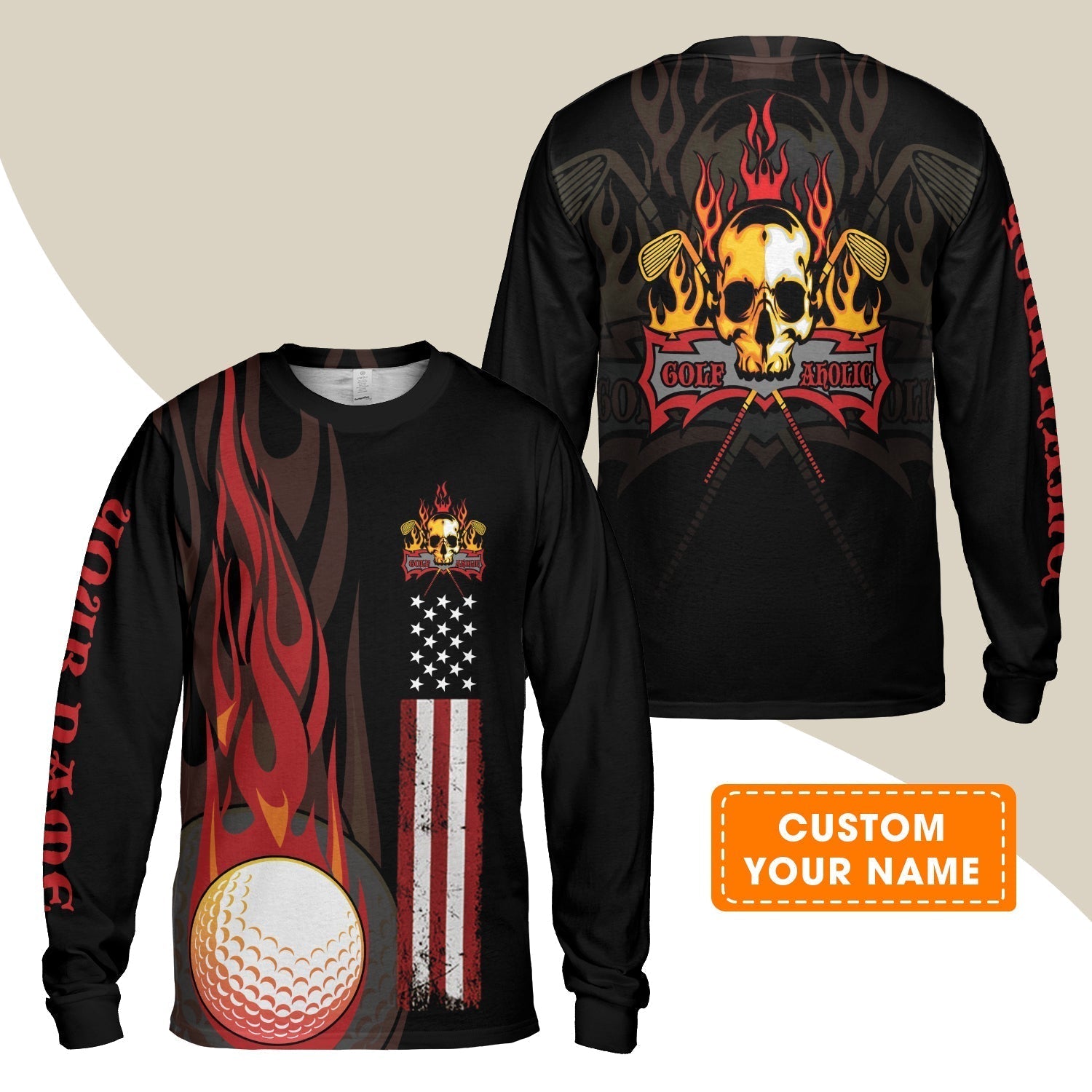 Golf Long Sleeve Shirt - Flame Skull Golf Ball American Flag Custom Name Long Sleeve Shirt - Personalized Gift For Golf Lover, Men, Patriotic