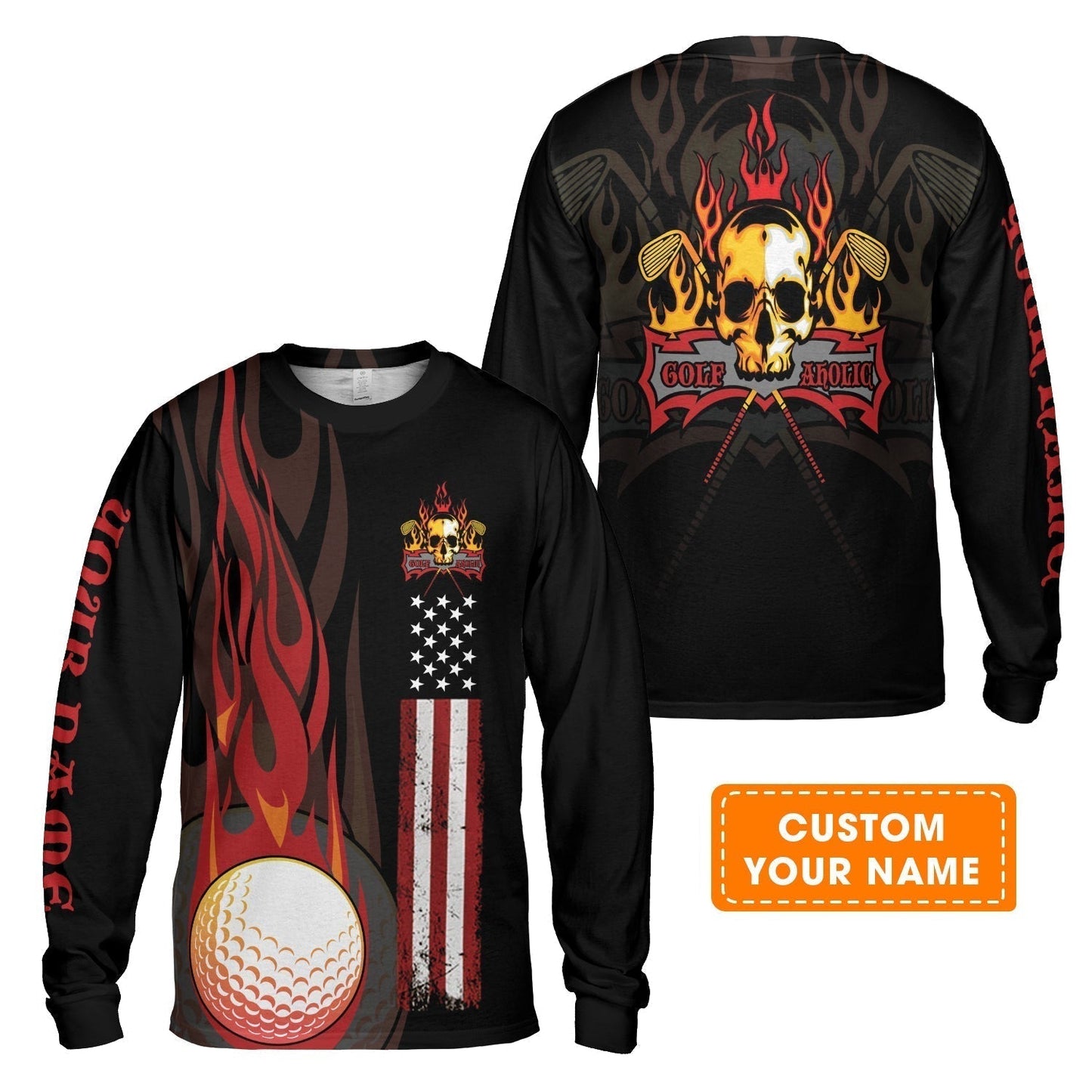 Golf Men's Long Sleeve Polo Shirt - Flame Skull Golf Ball American Flag Custom Name Long Sleeve Polo Shirt - Personalized Gift For Golf Lover, Men, Patriotic