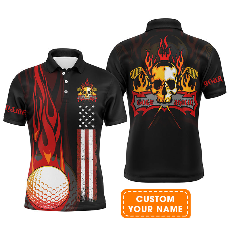 Golf Men Polo Shirt - Flame Skull Golf Ball American Flag Custom Name Polo Shirt - Personalized Gift For Golf Lover, Men, Patriotic