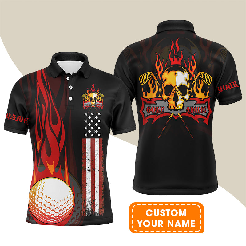 Golf Men Polo Shirt - Flame Skull Golf Ball American Flag Custom Name Polo Shirt - Personalized Gift For Golf Lover, Men, Patriotic