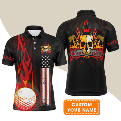 Golf Men's Long Sleeve Polo Shirt - Flame Skull Golf Ball American Flag Custom Name Long Sleeve Polo Shirt - Personalized Gift For Golf Lover, Men, Patriotic