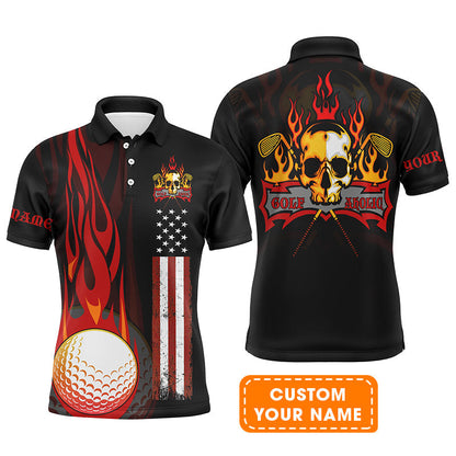 Golf Men's Long Sleeve Polo Shirt - Flame Skull Golf Ball American Flag Custom Name Long Sleeve Polo Shirt - Personalized Gift For Golf Lover, Men, Patriotic
