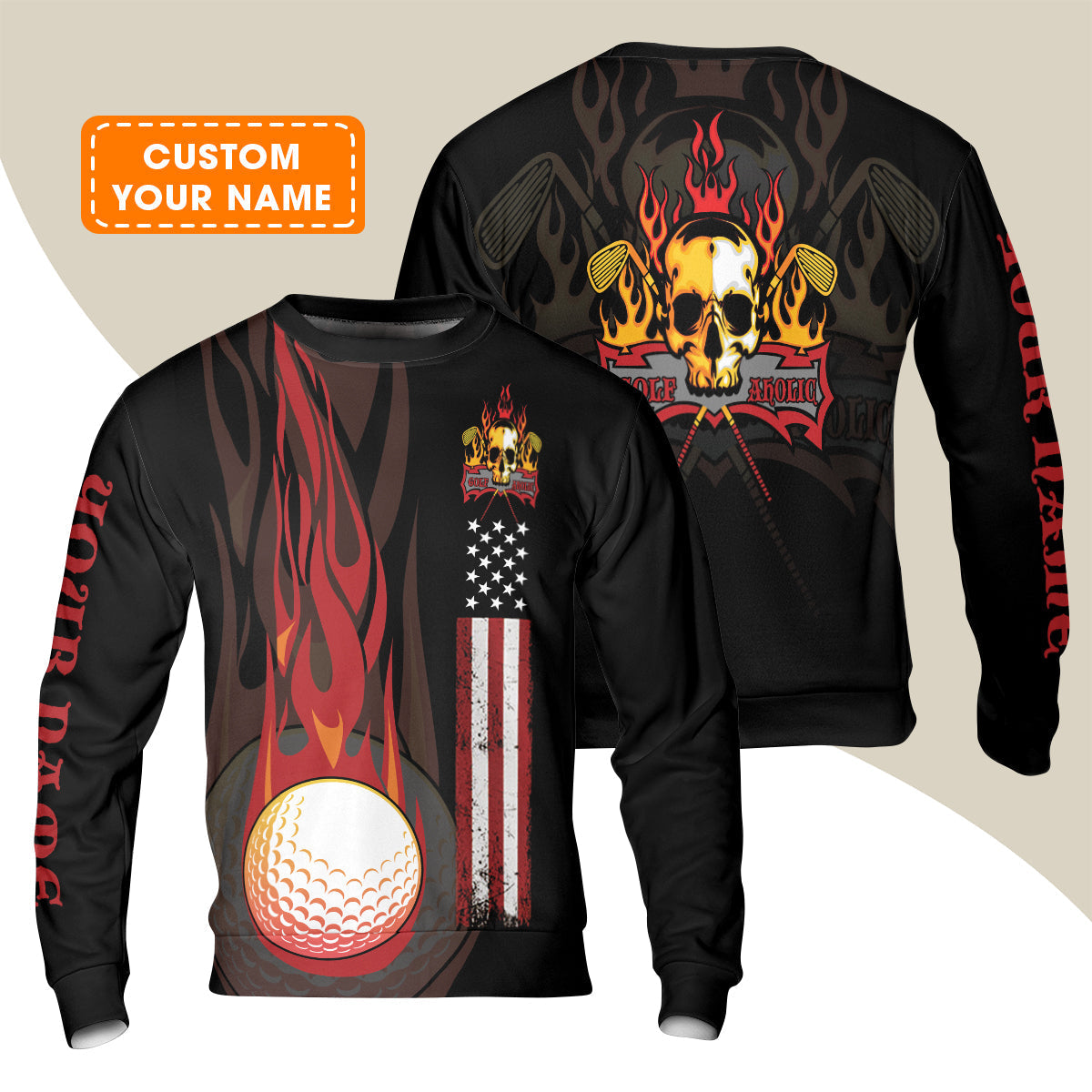 Golf Long Sleeve Shirt - Flame Skull Golf Ball American Flag Custom Name Long Sleeve Shirt - Personalized Gift For Golf Lover, Men, Patriotic