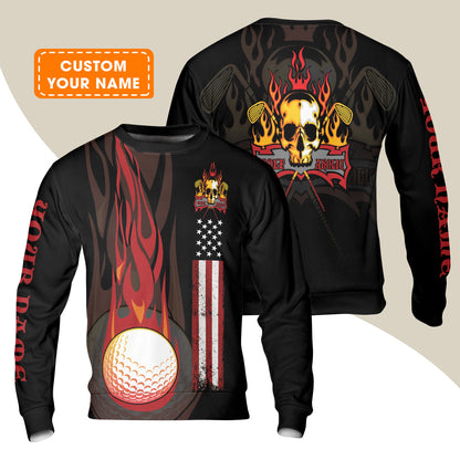 Golf Men's Long Sleeve Polo Shirt - Flame Skull Golf Ball American Flag Custom Name Long Sleeve Polo Shirt - Personalized Gift For Golf Lover, Men, Patriotic