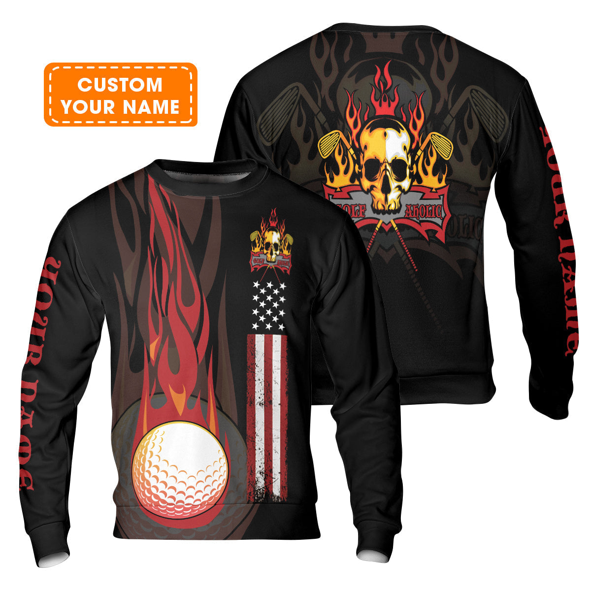 Golf Men's Long Sleeve Polo Shirt - Flame Skull Golf Ball American Flag Custom Name Long Sleeve Polo Shirt - Personalized Gift For Golf Lover, Men, Patriotic