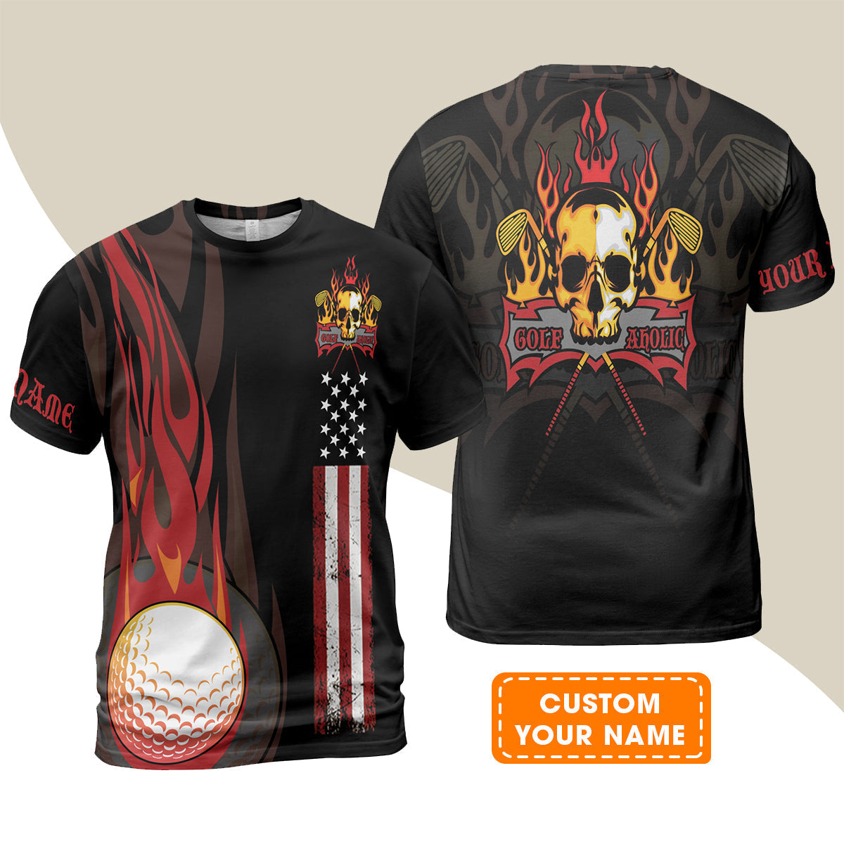 Golf T-Shirt - Flame Skull Golf Ball American Flag Custom Name T-Shirt - Personalized Gift For Golf Lover, Men, Patriotic