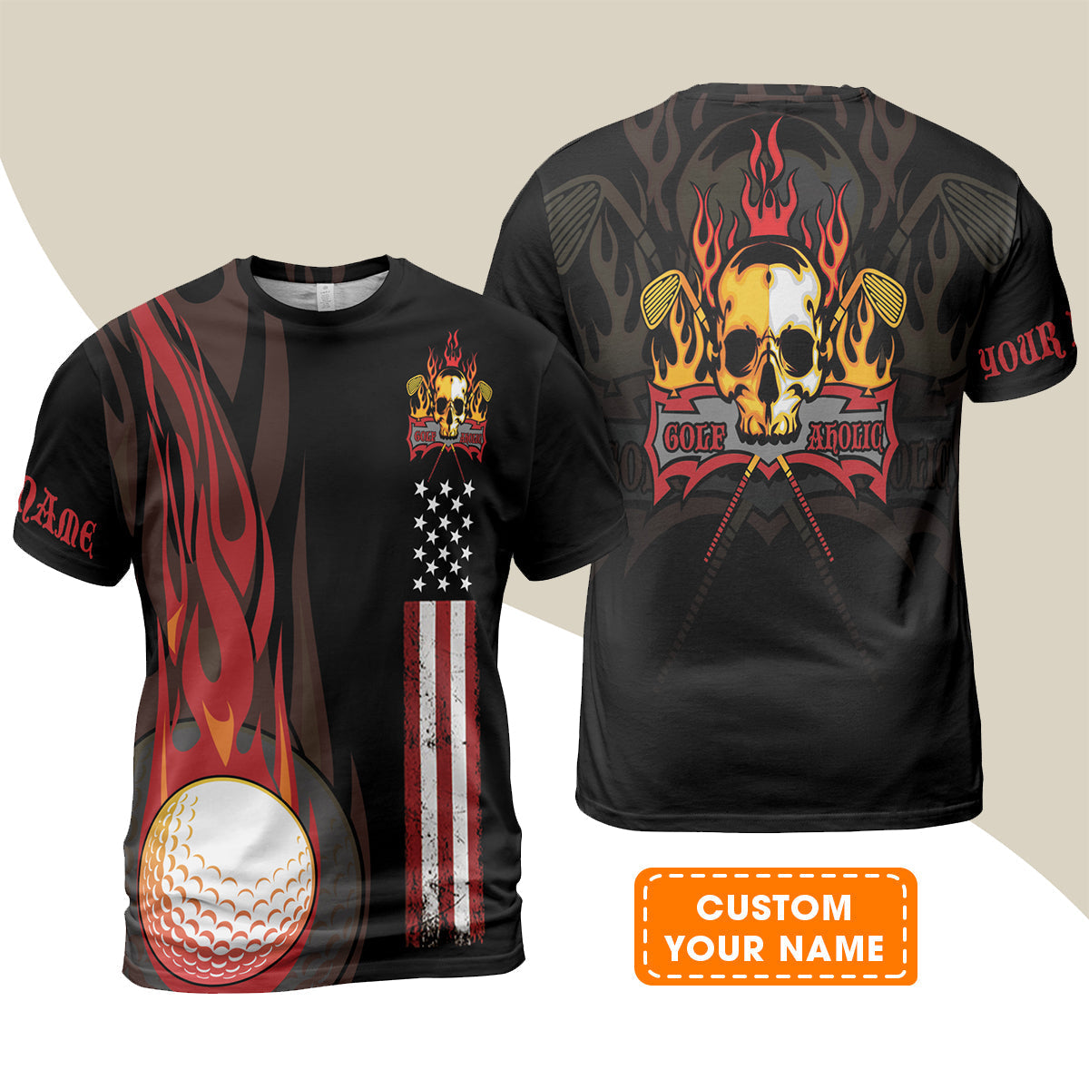 Golf Long Sleeve Shirt - Flame Skull Golf Ball American Flag Custom Name Long Sleeve Shirt - Personalized Gift For Golf Lover, Men, Patriotic