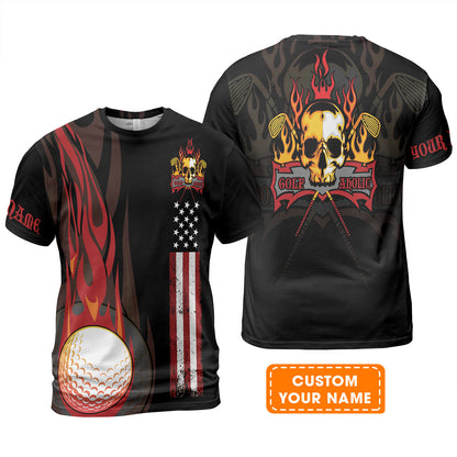 Golf T-Shirt - Flame Skull Golf Ball American Flag Custom Name T-Shirt - Personalized Gift For Golf Lover, Men, Patriotic