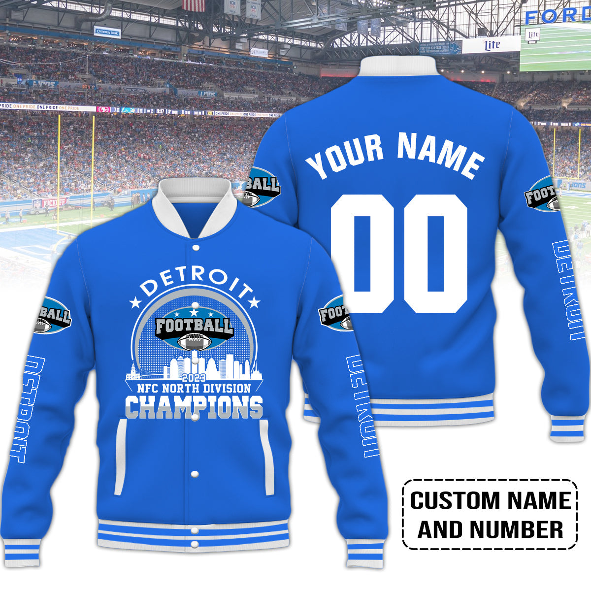 Detroit Football 2023 NFC North Champions Skyline Custom Baseball jacket, Conquered The North Champs Custom Baseball jacket, Detroit Football Fan Gifts