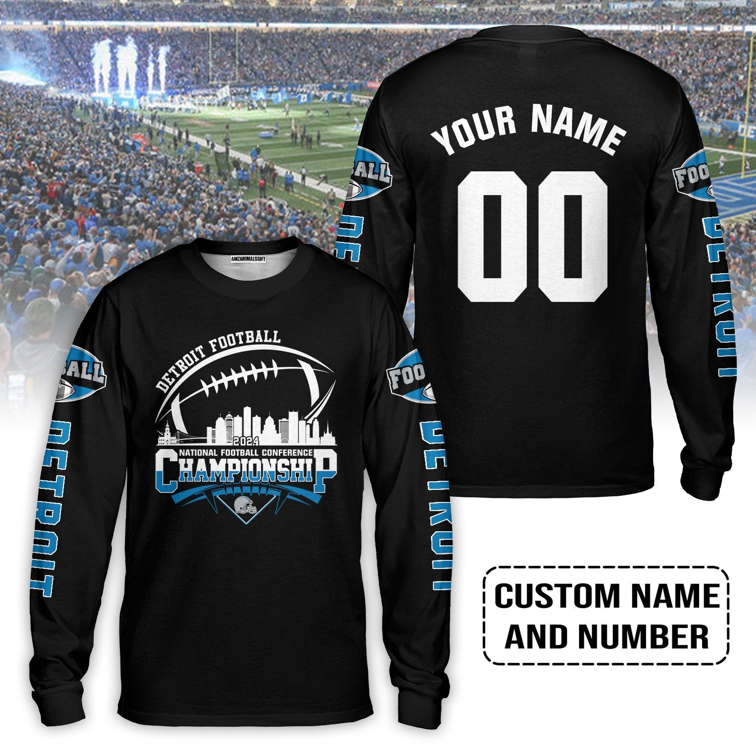 Detroit Football 2024 NFC Championship Long Sleeve Shirts Custom Name And Number, Conquered The NFC Championship Shirts For Detroit Football Fans
