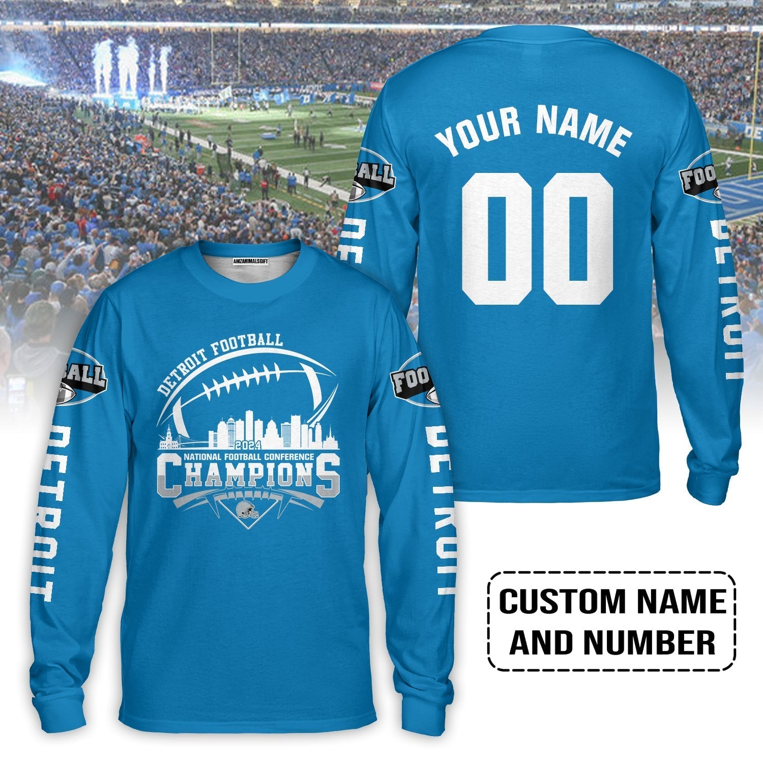 Detroit Football NFC Champs 2023 2024 Custom Name And Number Long Sleeve Shirts, 2023 NFC Champions Apparel And Gear For Detroit Football Fans