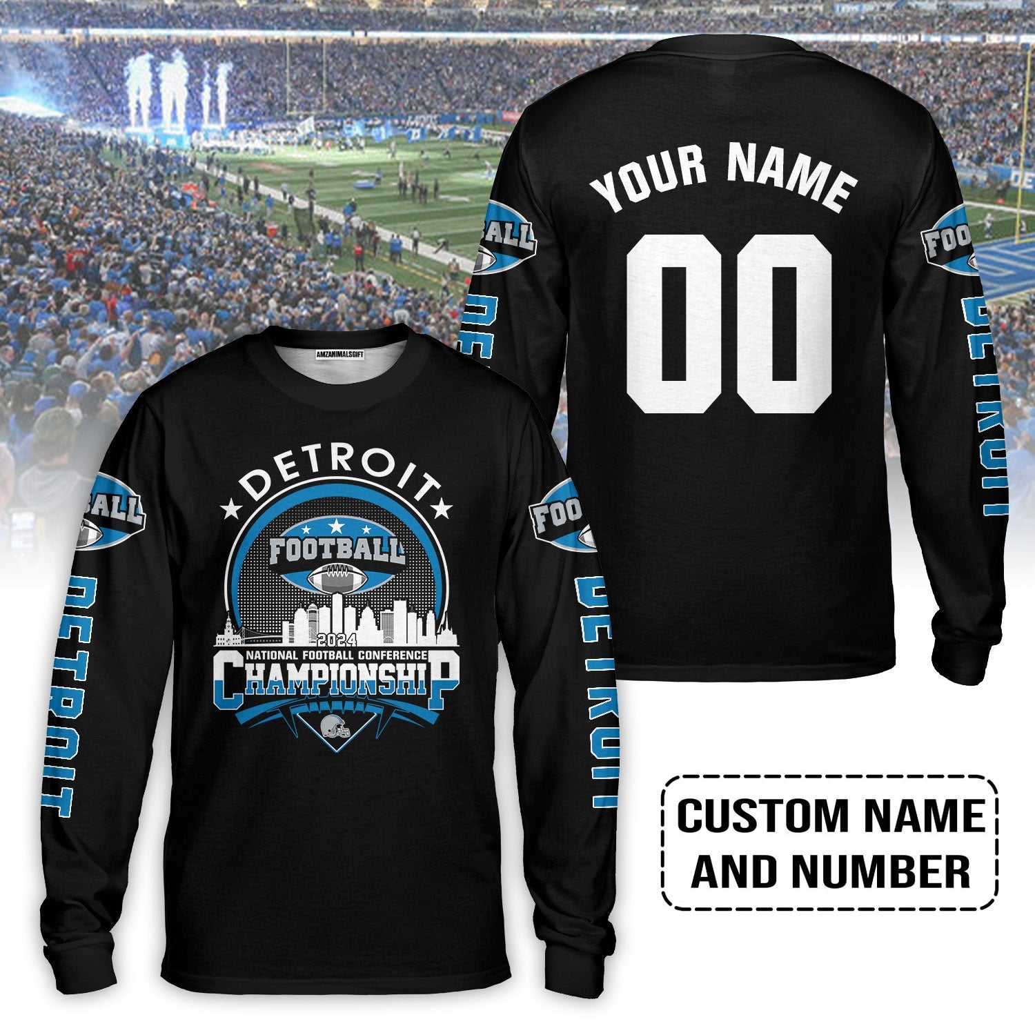 Detroit Football 2024 NFC Championship Skyline Long Sleeve Shirts Custom Name And Number, Conquered The NFC Championship Shirts For Detroit Football