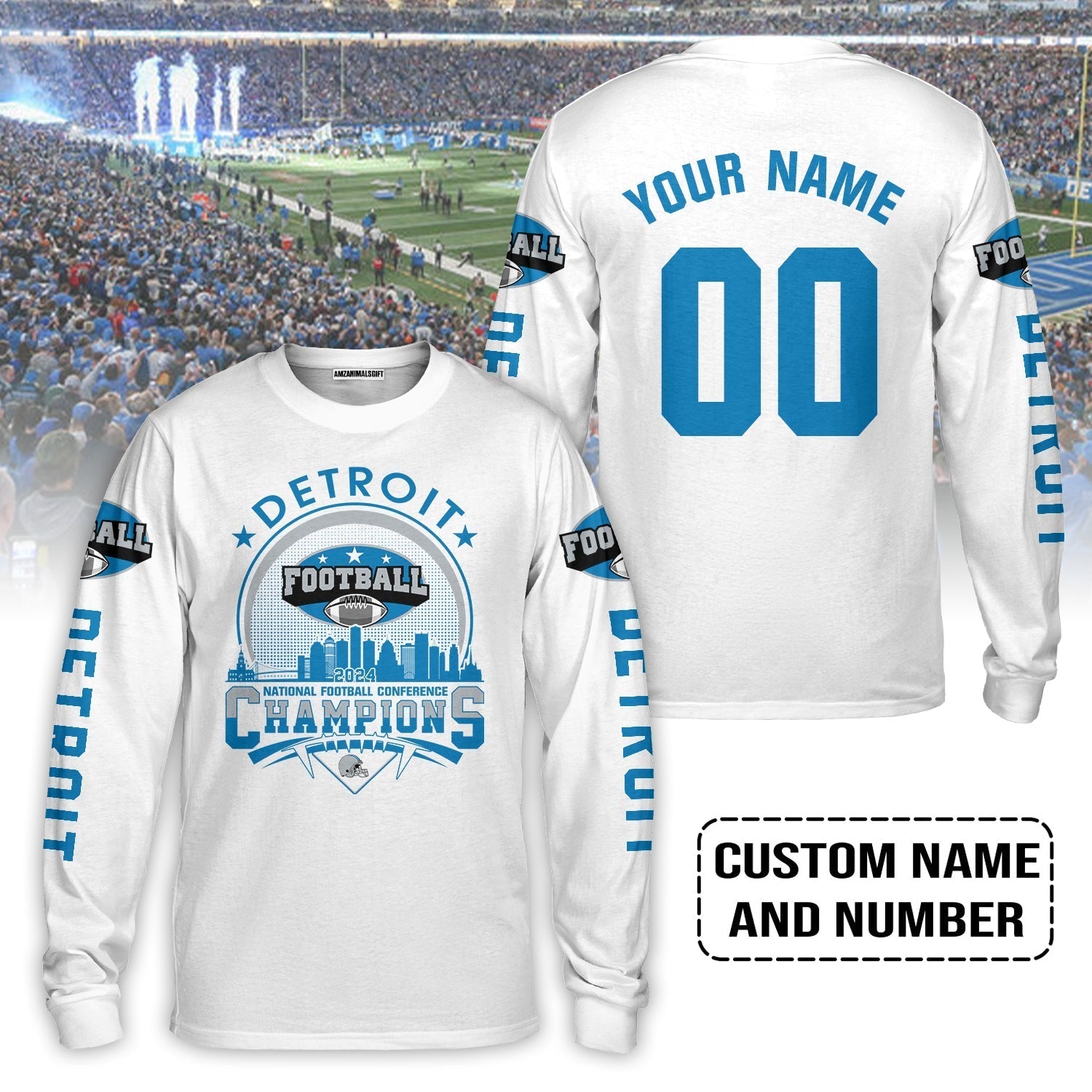 Detroit Football Skyline 2023 2024 NFC Champions Custom Name And Number Long Sleeve Shirts, 2023 NFC Champions Apparel And Gear For Detroit Fans