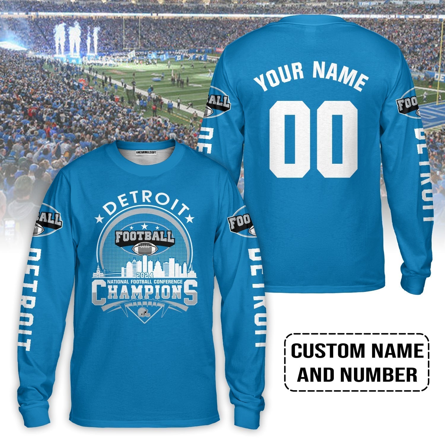 Detroit Football Skyline 2023 2024 NFC Champions Custom Name Number Long Sleeve Shirts, 2023 NFC Champions Apparel Gear For Detroit Football Fans