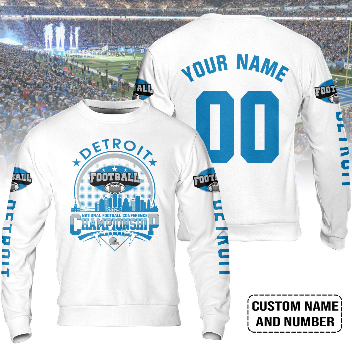 Detroit Football 2024 NFC Championship Skyline Sweatshirt Custom Name Number, Conquered The NFC Championship Shirts For Detroit Football Fans