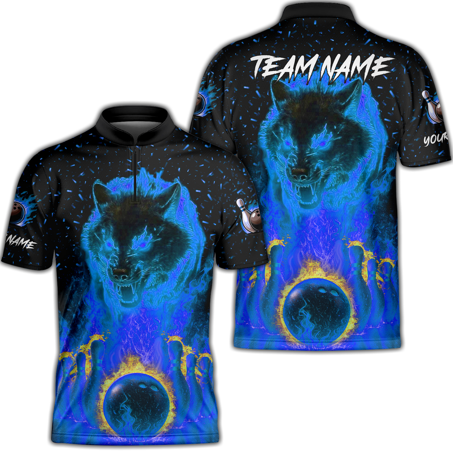 Customized Bowling Jersey, Glowing Wolf with Fiery Bowling Pins , Uniform Bowling - Personalized Name And Team Name