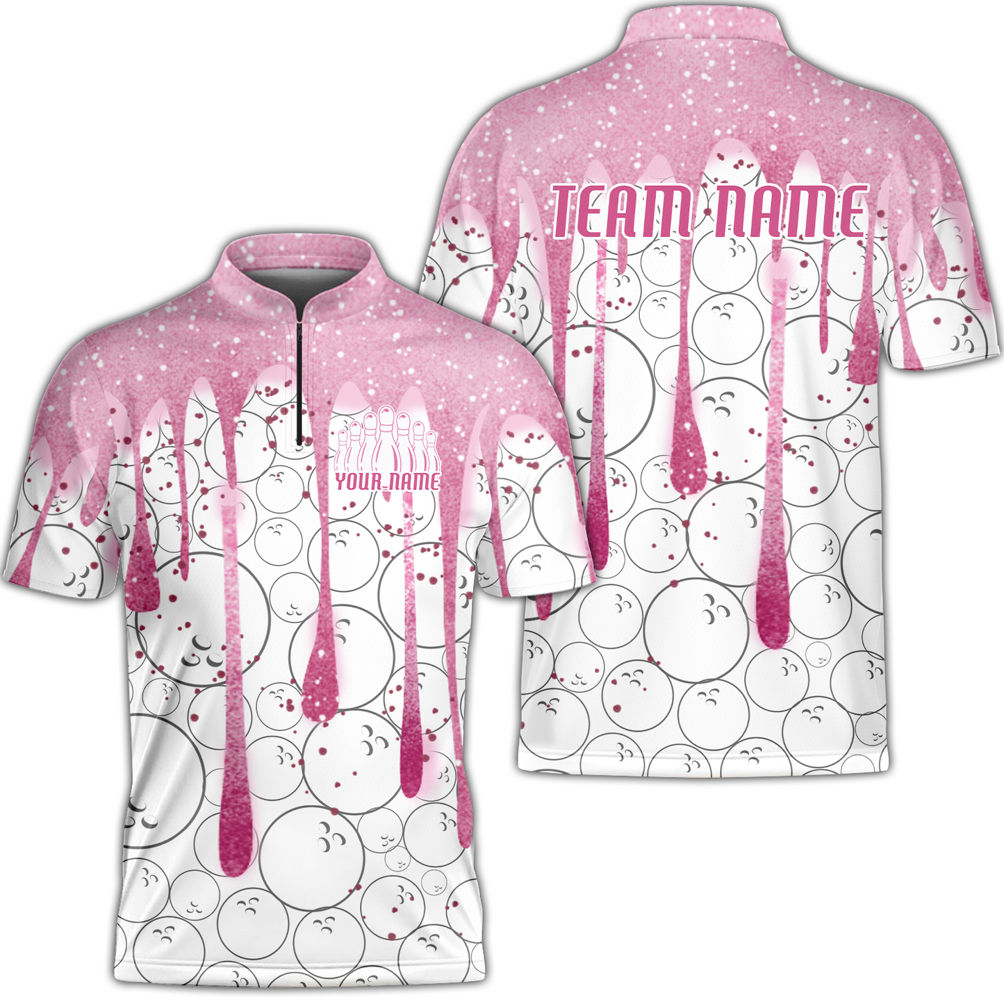 Custom Pink Glitter Bowling Team Women Polo Shirts, Custom Glitter Bowling Team Uniforms Jerseys, Bowling Ball Polo Personalized Name And Team Name