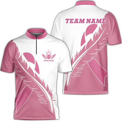 Feather Pink Ribbon Breast Cancer Custom Bowling Team Polo Shirts, Pink Ribbon Bowling Team Uniforms Jerseys, Personalized Name And Team Name