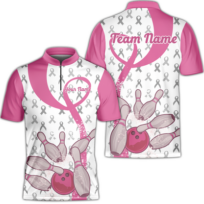 Pink Ribbon Breast Cancer Custom Bowling Team Polo Shirts, Pink Ribbon Bowling Team Uniforms Jerseys Personalized Name And Team Name