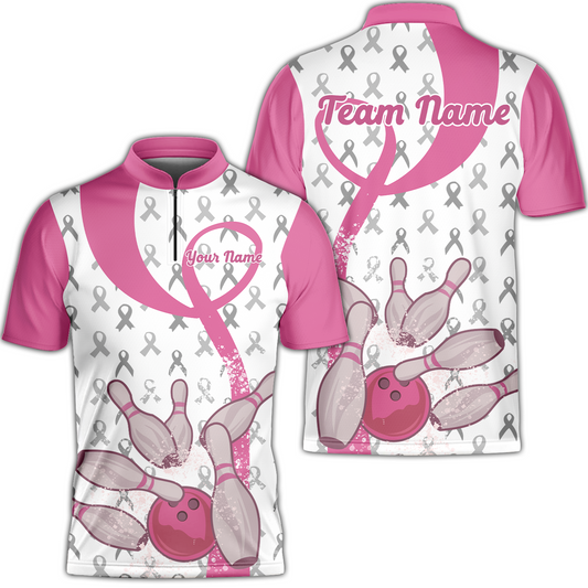 Pink Ribbon Breast Cancer Custom Bowling Team Polo Shirts, Pink Ribbon Bowling Team Uniforms Jerseys Personalized Name And Team Name