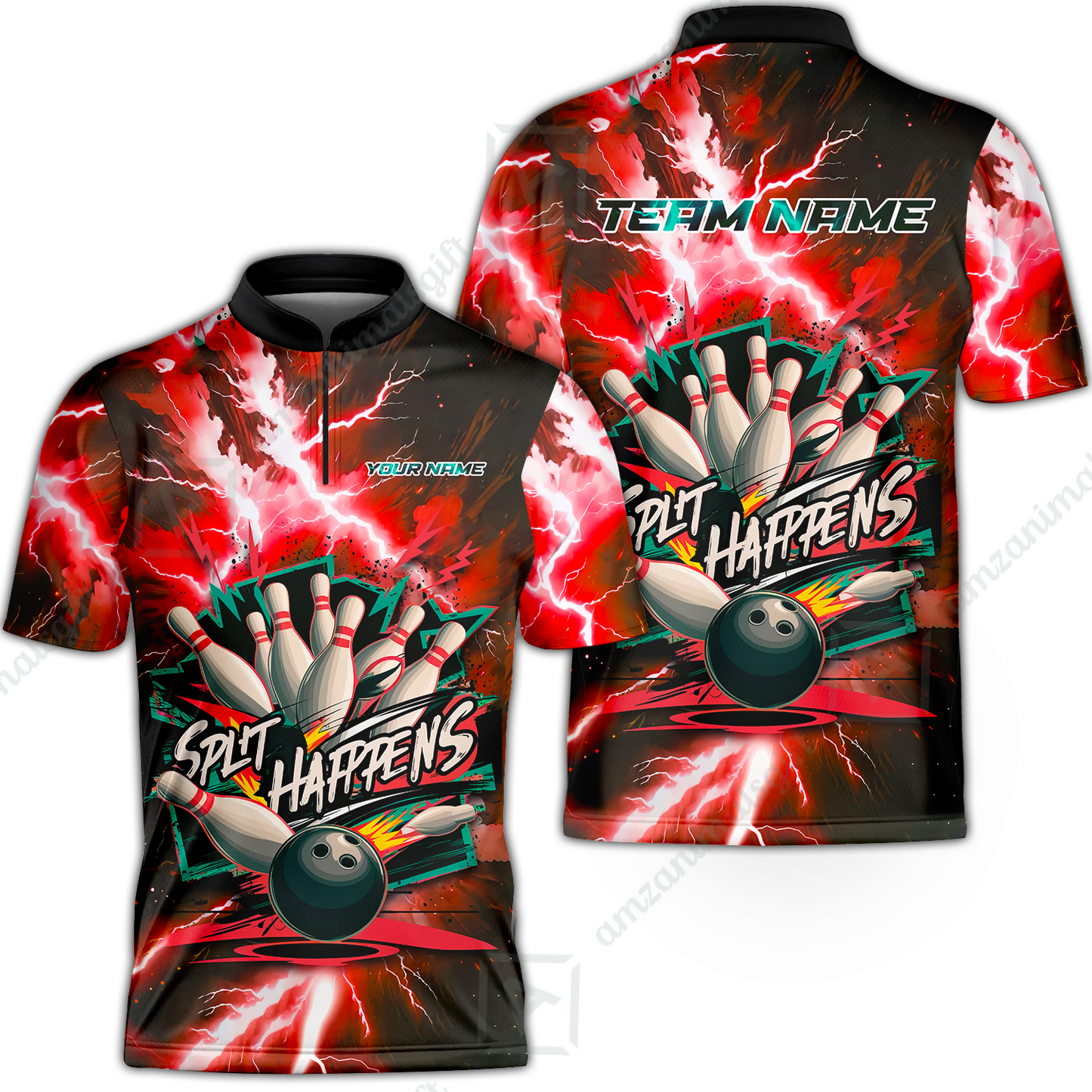 Customized Bowling Jersey, Dramatic Red And Black Lightning - Split Happens , Uniform Bowling - Personalized Name And Team Name