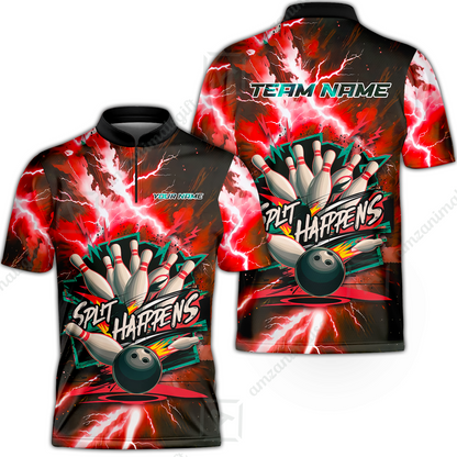 Customized Bowling Jersey, Dramatic Red And Black Lightning - Split Happens , Uniform Bowling - Personalized Name And Team Name