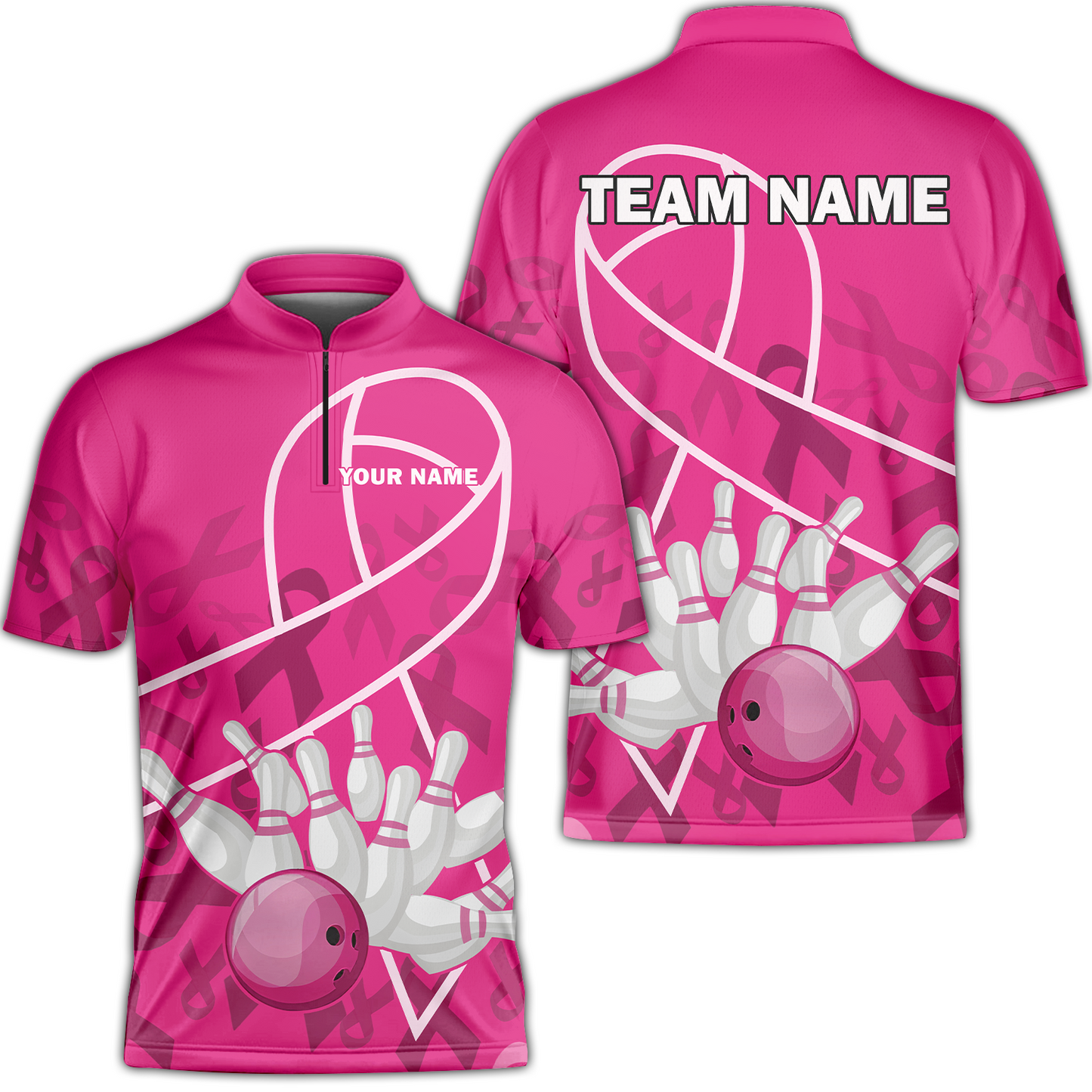 Custom Bowling Team Jerseys Polo Shirts for Breast Cancer Awareness, Bright Pink Bowling uniforms, pink bowling ball striking white pins Bowling Polo