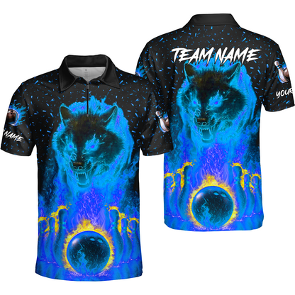 Customized Bowling Jersey, Glowing Wolf with Fiery Bowling Pins , Uniform Bowling - Personalized Name And Team Name