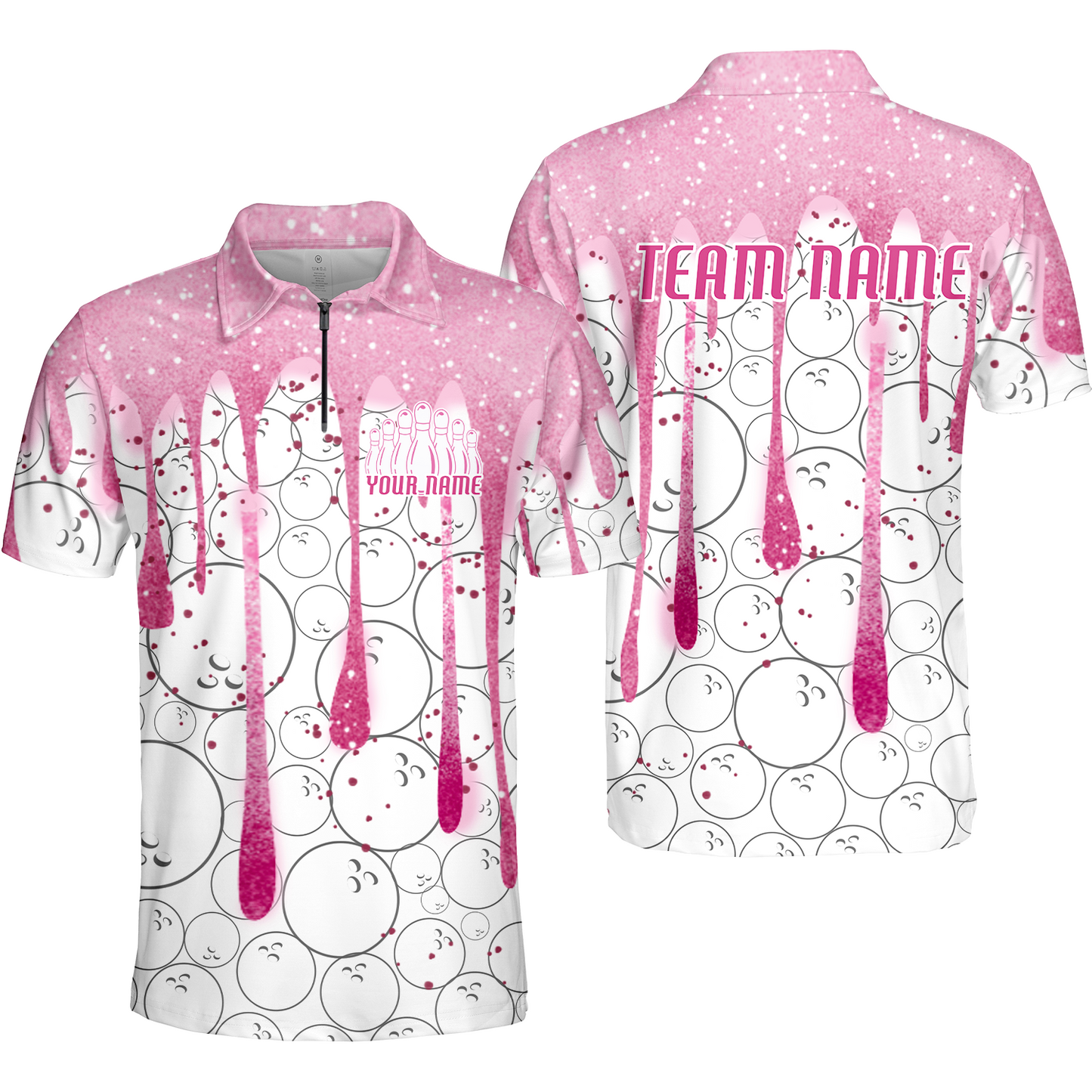 Custom Pink Glitter Bowling Team Women Polo Shirts, Custom Glitter Bowling Team Uniforms Jerseys, Bowling Ball Polo Personalized Name And Team Name