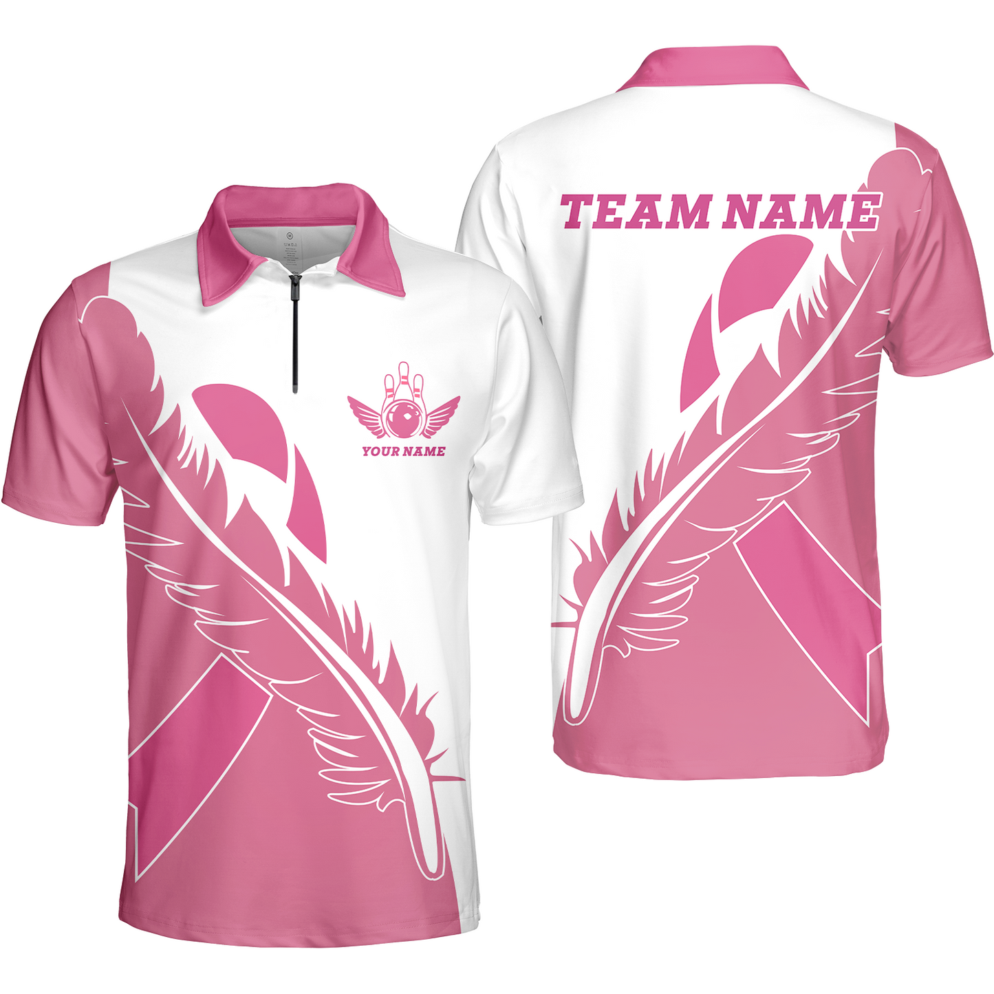 Feather Pink Ribbon Breast Cancer Custom Bowling Team Polo Shirts, Pink Ribbon Bowling Team Uniforms Jerseys, Personalized Name And Team Name