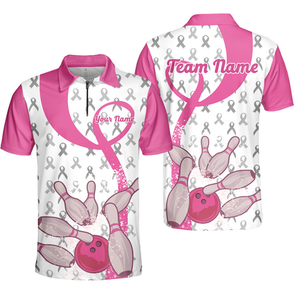 Pink Ribbon Breast Cancer Custom Bowling Team Polo Shirts, Pink Ribbon Bowling Team Uniforms Jerseys Personalized Name And Team Name