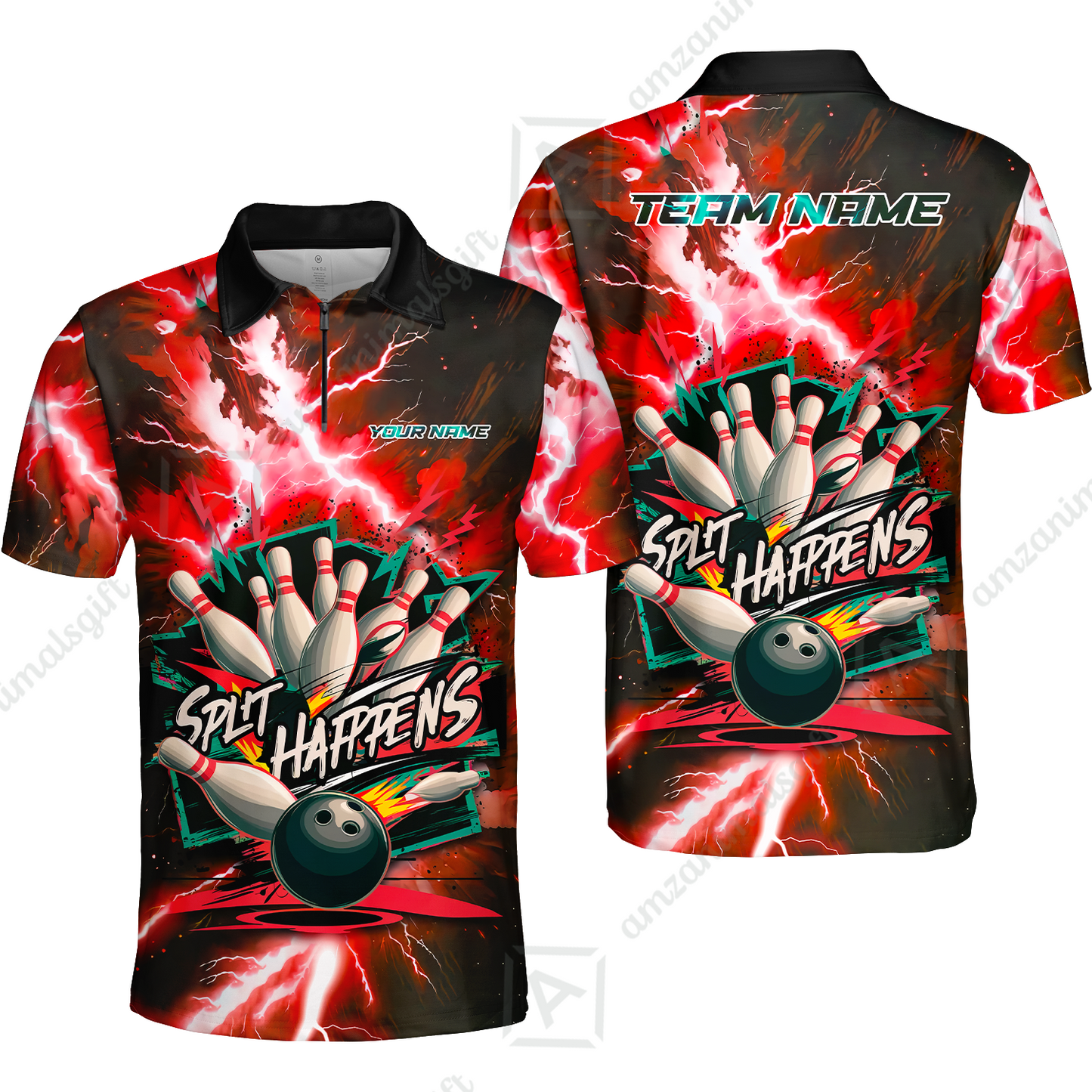Customized Bowling Jersey, Dramatic Red And Black Lightning - Split Happens , Uniform Bowling - Personalized Name And Team Name
