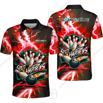 Customized Bowling Jersey, Dramatic Red And Black Lightning - Split Happens , Uniform Bowling - Personalized Name And Team Name
