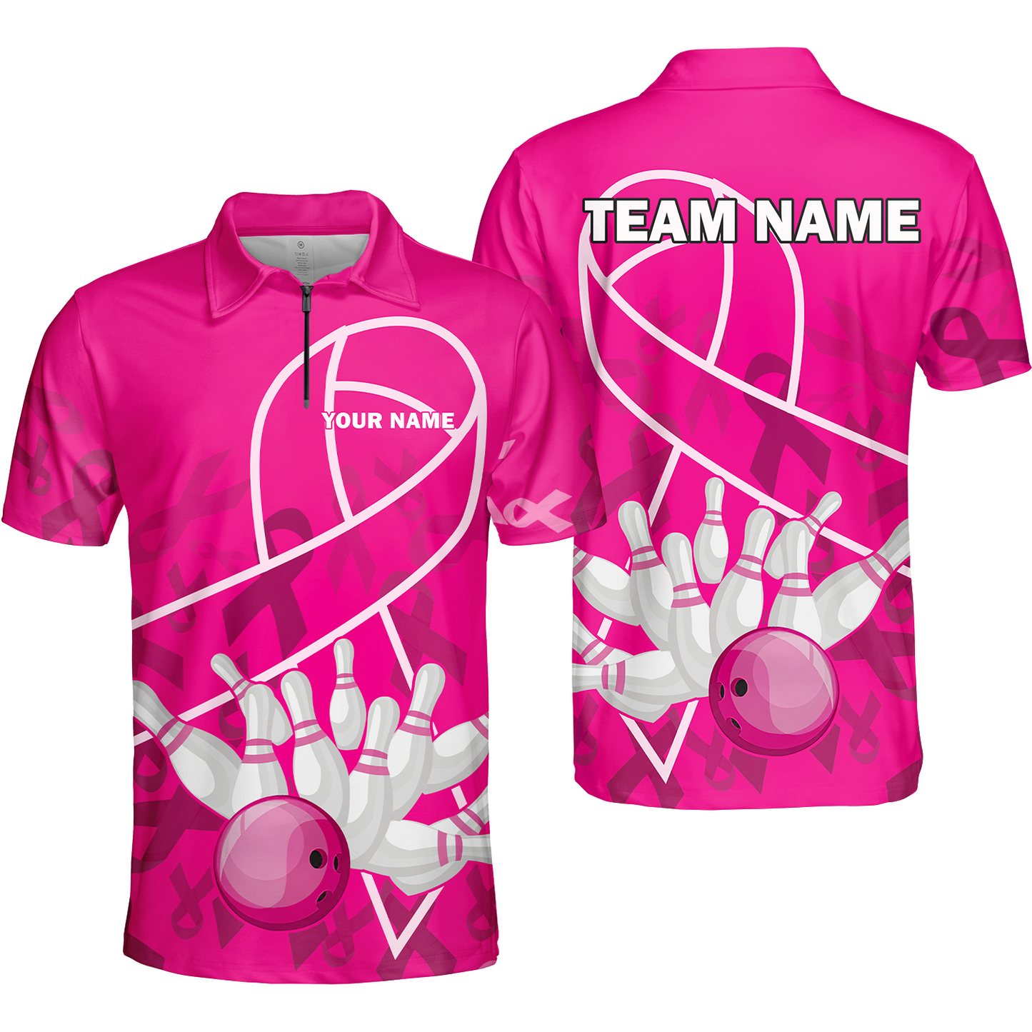 Custom Bowling Team Jerseys Polo Shirts for Breast Cancer Awareness, Bright Pink Bowling uniforms, pink bowling ball striking white pins Bowling Polo