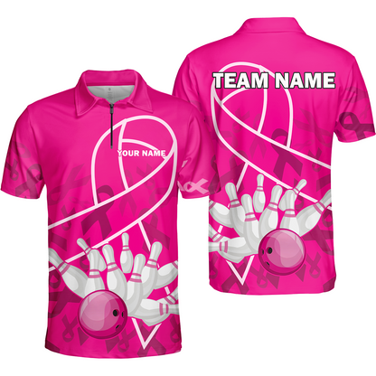 Custom Bowling Team Jerseys Polo Shirts for Breast Cancer Awareness, Bright Pink Bowling uniforms, pink bowling ball striking white pins Bowling Polo