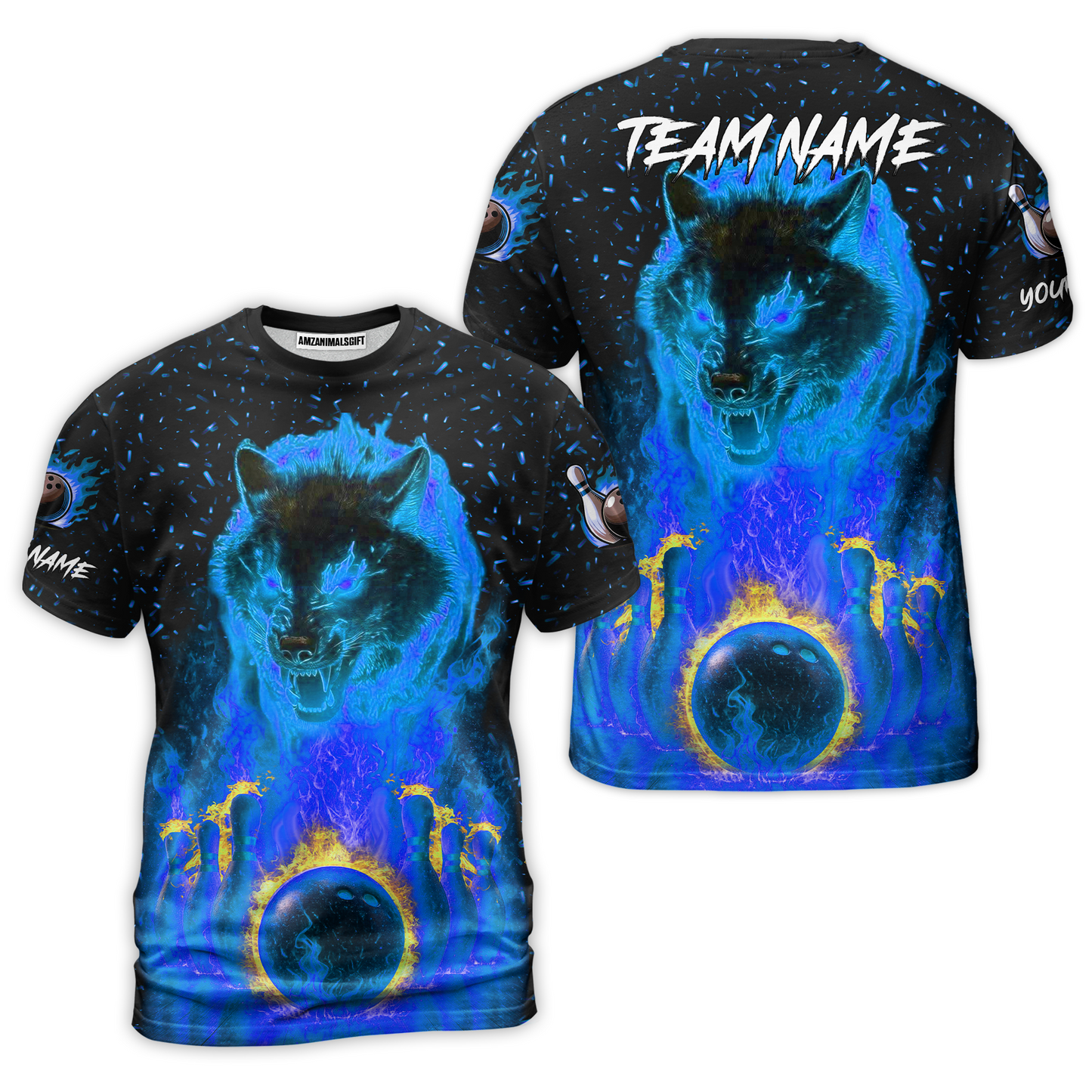 Customized Bowling Jersey, Glowing Wolf with Fiery Bowling Pins , Uniform Bowling - Personalized Name And Team Name